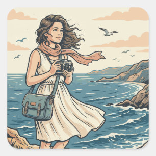 Sticker Carré Affiche illustrée de photographie de voyage côtièr