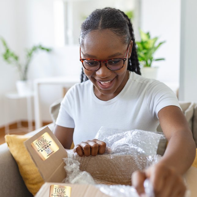 Sticker Carré Afficher votre appréciation avec 10% de réduction  (Thank Shopping 10%Off QR CODE Faux Gold Square Sticker)