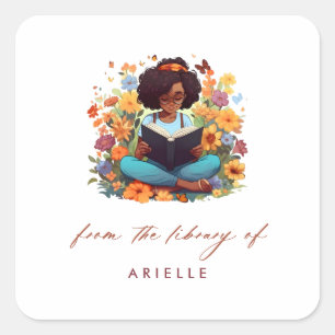 Sticker Carré Afro American Girl Floral Library Plaques de réser