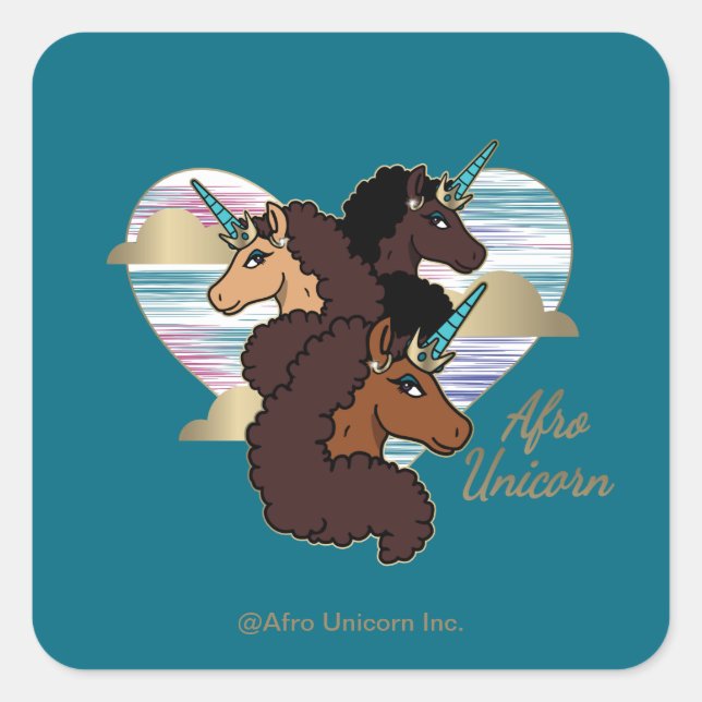 Sticker Carré Afro Unicorn Trio Coeur Design (Devant)