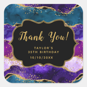 Sticker Carré Agate de paon pourpre et bleu Merci d'anniversaire