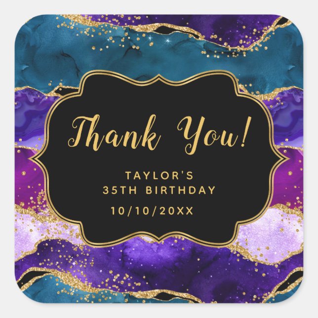 Sticker Carré Agate de paon pourpre et bleu Merci d'anniversaire (Devant)
