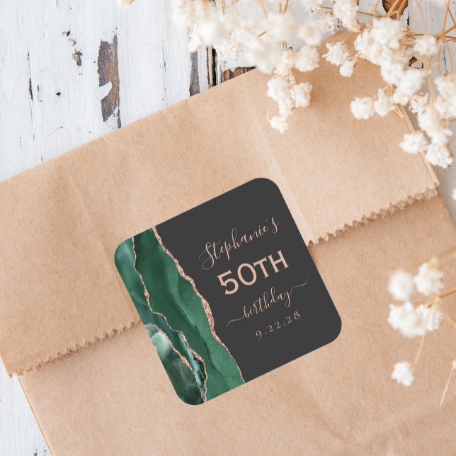 Sticker Carré Agate Emerald Green Rose Gold Dark 50e anniversair (Créateur téléchargé)