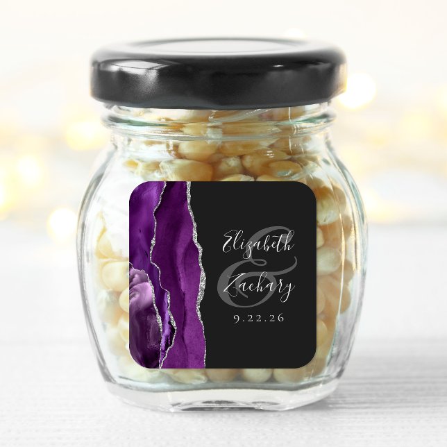 Sticker Carré Agate Geode Script Purple Silver Dark Mariage (Créateur téléchargé)