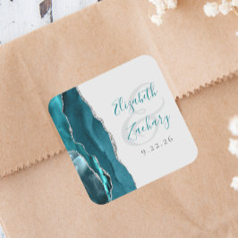 Sticker Carré Agate Geode Script Teal Blue Silver Gray Wedding