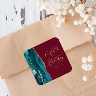 Sticker Carré Agate Geode Script Turquoise Gold Burgundy Mariage