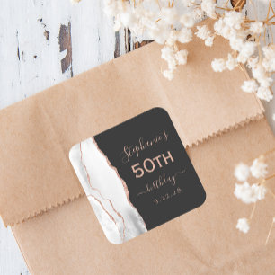 Sticker Carré Agate Gris Rose Doré Foncé 50e Anniversaire