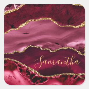 Sticker Carré Agate Marbre Paillettes Rouge et Or Faux