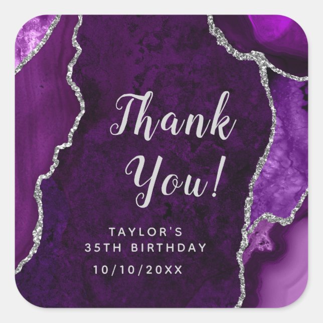 Sticker Carré Agate violet et argenté Merci d'anniversaire (Devant)