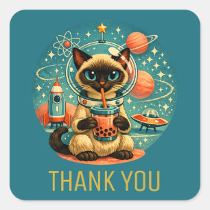 Sticker Carré Âge Atomique Boba Siamois Astronaute Chat Merci