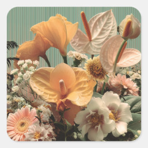 Sticker Carré Agencement floral d'anthurium et de fleurs tropica