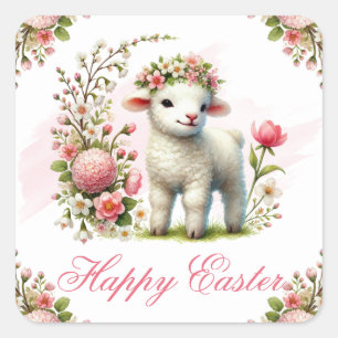Sticker Carré Agneau et Fleurs de Printemps Joyeuses Pâques