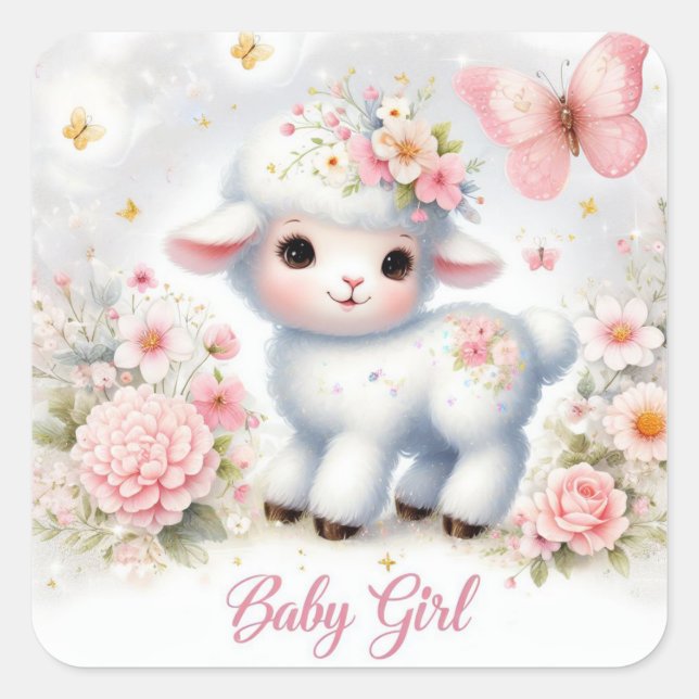 Sticker Carré Agneau mignon pour fille avec fleurs et papillons (Devant)