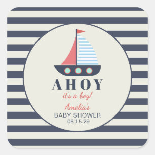Sticker Carré Ahoy C'est un garçon Baby shower nautique