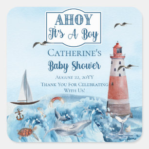 Sticker Carré Ahoy C'est un phare Baby shower Océan Boy