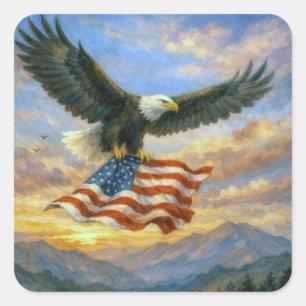 Sticker Carré Aigle chauve volant avec le drapeau américain