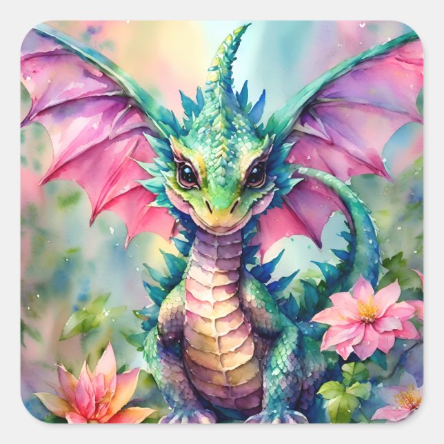 Sticker Carré Ailes roses dragon vert Aquarelle florale (Devant)