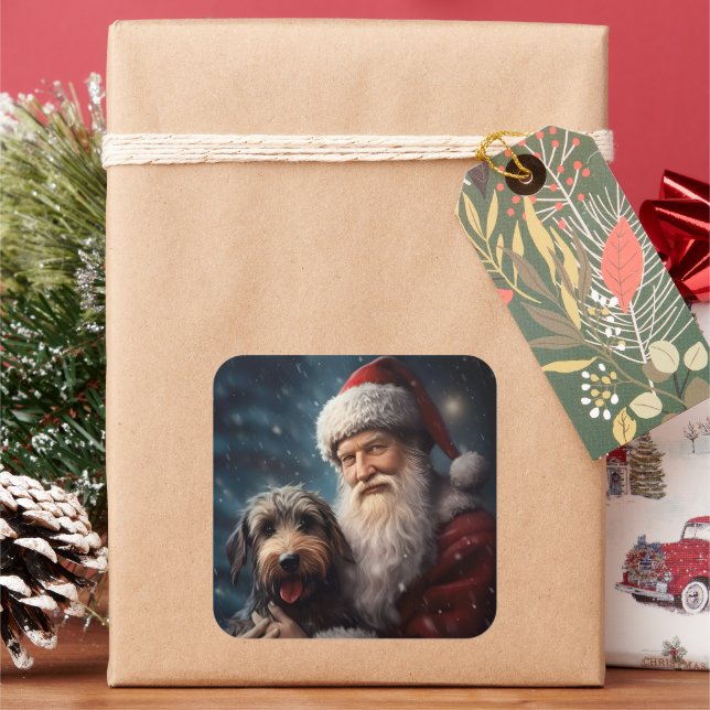 Sticker Carré Airedale avec Noël Festif du Père Noël (vacances)