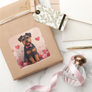 Sticker Carré Airedale avec Rose - Saint Valentin