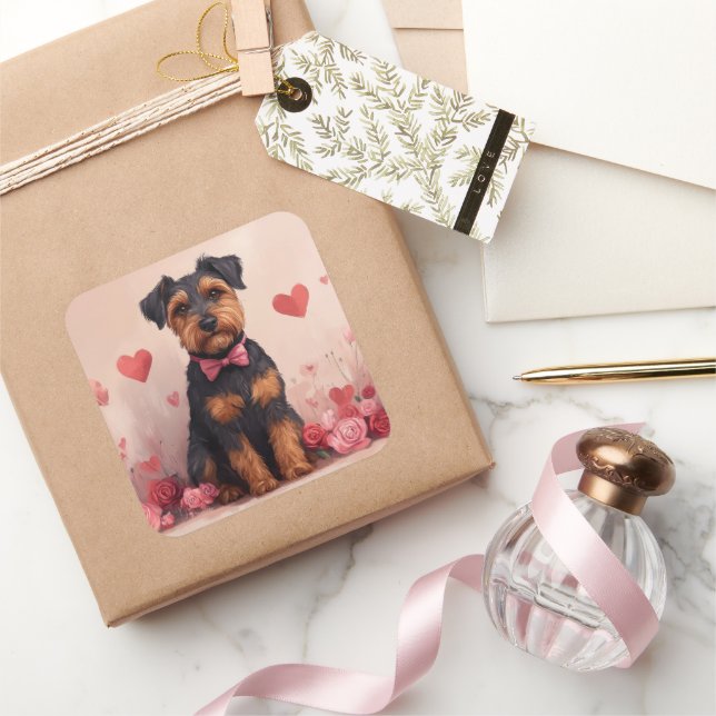 Sticker Carré Airedale avec Rose - Saint Valentin (Cadeaux)