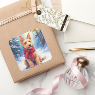 Sticker Carré Airedale Terrier aquarelle Noël enneigé