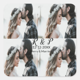 Sticker Carré Ajouter couple photo merisier marié ajouter date a