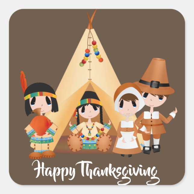 Sticker Carré Ajouter le message Thanksgiving Pilgrim Indians (Devant)