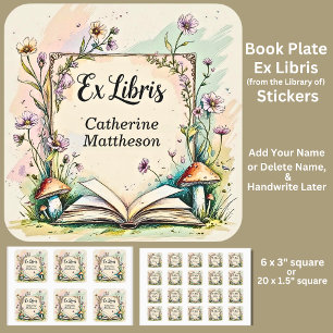 Sticker Carré Ajouter le nom Ex Libris Aquarelle Cottagecore