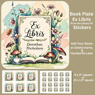 Sticker Carré Ajouter le nom Ex Libris Aquarelle Cottagecore