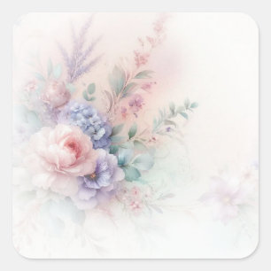 Sticker Carré Ajoutez Votre Texte Couleurs Pastel Fleurs Aquarel