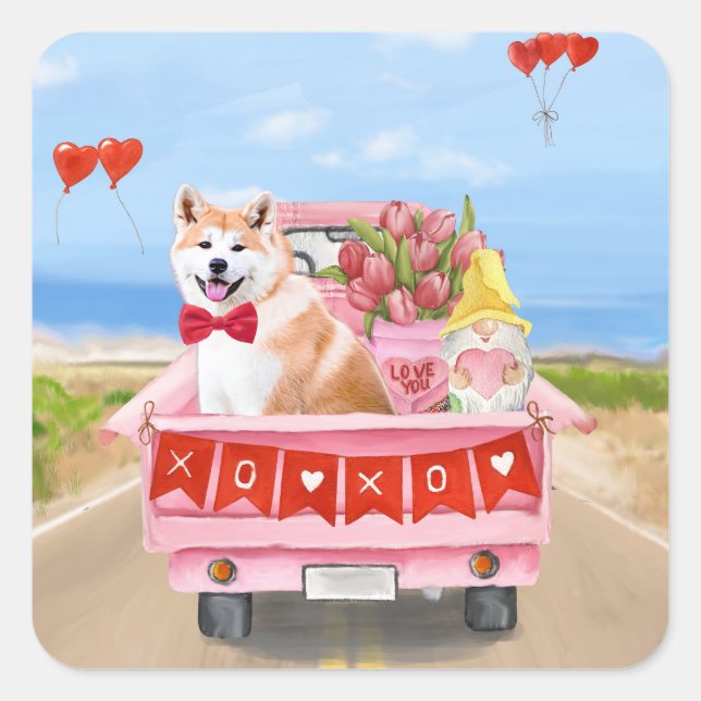 Sticker Carré Akita Chien Saint Valentin Coeurs de Camion (Devant)