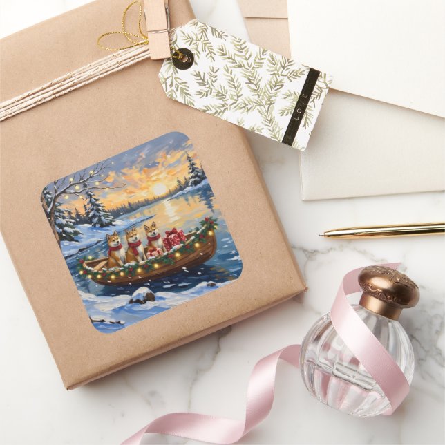 Sticker Carré Akita Christmas Boat Holiday (Cadeaux)