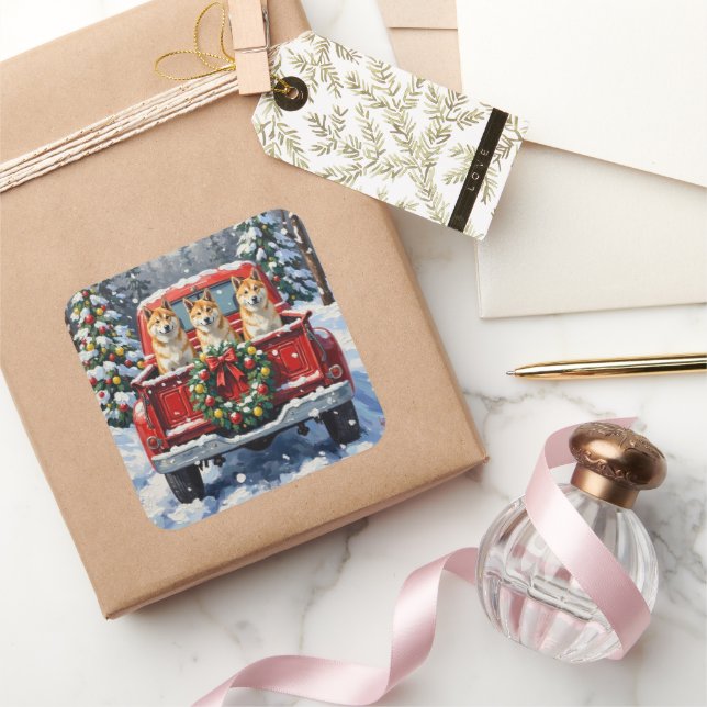 Sticker Carré Akita Christmas Red Truck Holiday (Cadeaux)