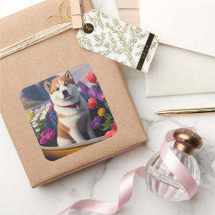 Sticker Carré Akita Dog sur une pagaie : une aventure Pittoresqu