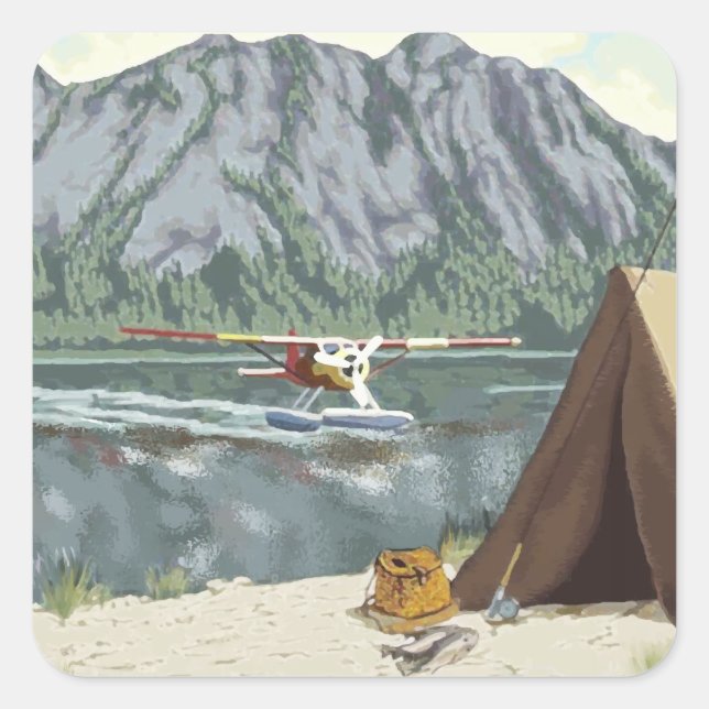 Sticker Carré Alaska Bush Avion Et Pêche Voyage (Devant)