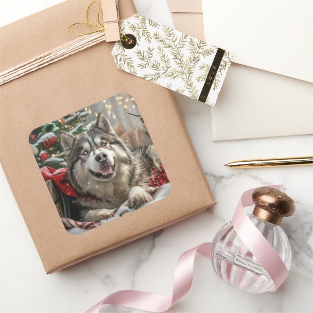 Sticker Carré Alaskan Malamute Chien Fête de Noël (Cadeaux)