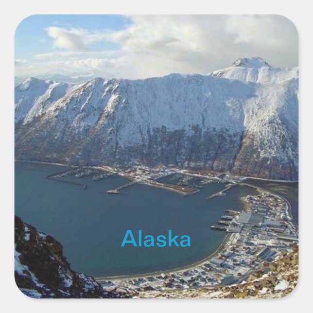 Sticker Carré Alaskan Mountain Range et ville en dessous (Devant)
