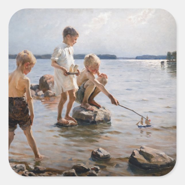 Sticker Carré Albert Edelfeue - Les garçons jouent sur le rivage (Devant)