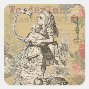 Sticker Carré Alice au pays des merveilles Flamant rose classiqu