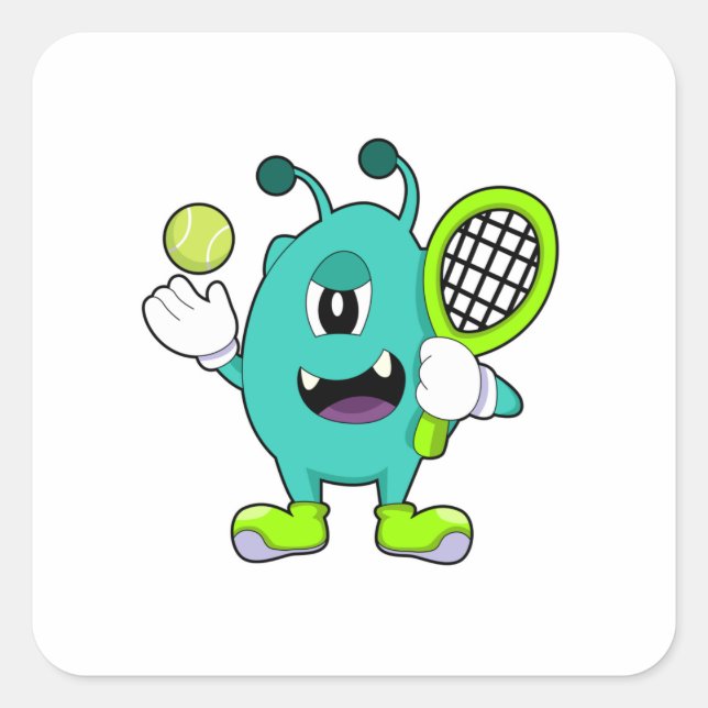 Sticker Carré Alien à Tennis avec raquette de tennis (Devant)