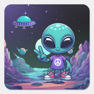 Sticker Carré Alien de paix mignon et vaisseau spatial