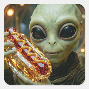 Sticker Carré Alien Extraterrestre avec Hotdog Cristallin