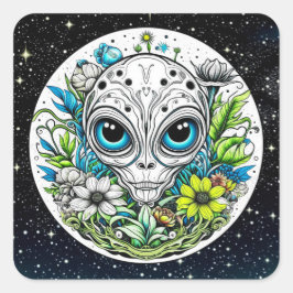 Sticker Carré Alien extraterrestre en fleurs