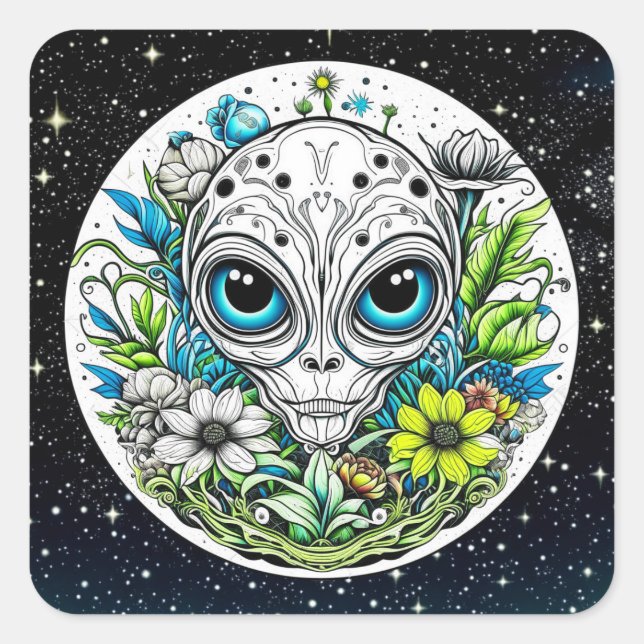 Sticker Carré Alien extraterrestre en fleurs (Devant)