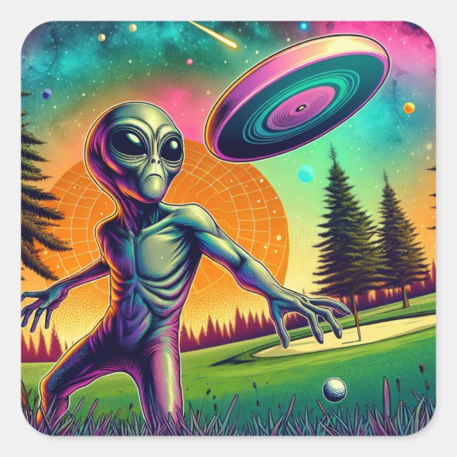 Sticker Carré Alien Lancement de disque Golf (Devant)