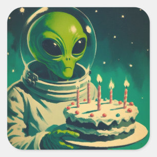 Sticker Carré Alien spatial avec soucoupe volante UFO de gâteau 