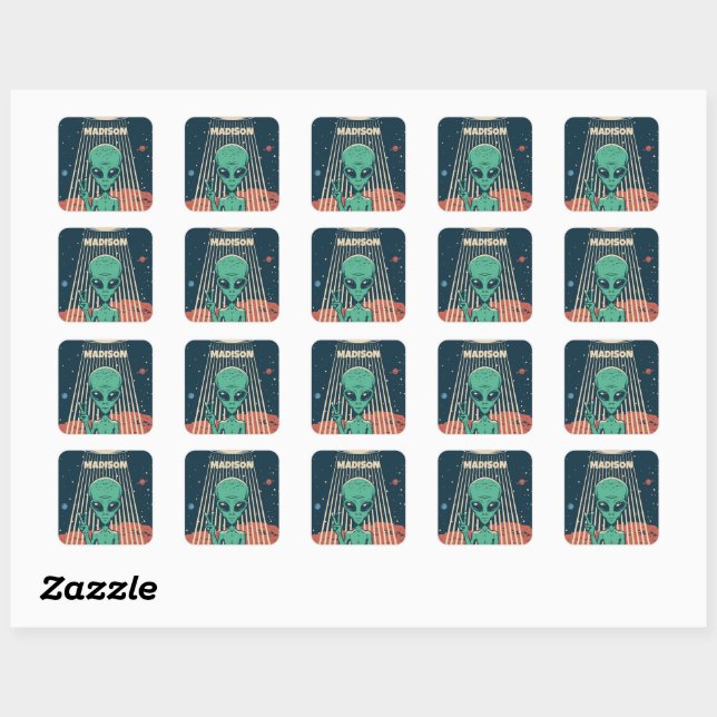 Sticker Carré Alien UFO de nom personnalisé (Feuille)