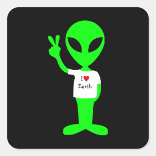 Sticker Carré Alien vert "I Love Earth"