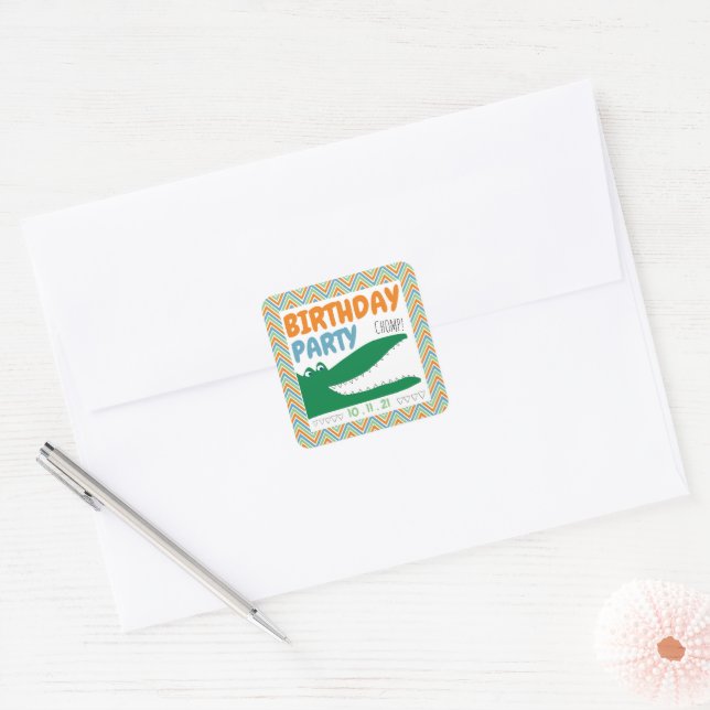 Sticker Carré Alligator Chomp, fête d'anniversaire de Chevron (Enveloppe)