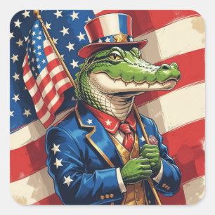Sticker Carré Alligator patriotique tenant le drapeau américain
